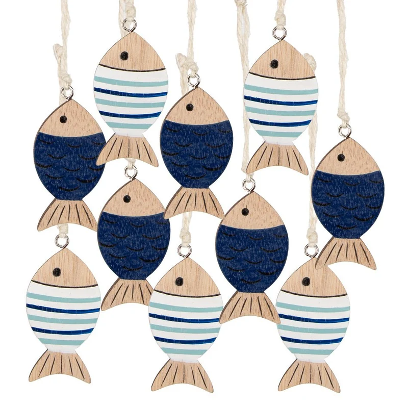 10 Holzfische Fische Anhänger blau natur Fischernetz Deko 5,5 cm