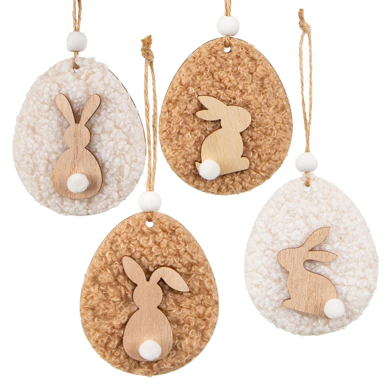 4 Ostereier zum Aufhängen braun weiß Osteranhänger aus Holz & Wolle 7 cm
