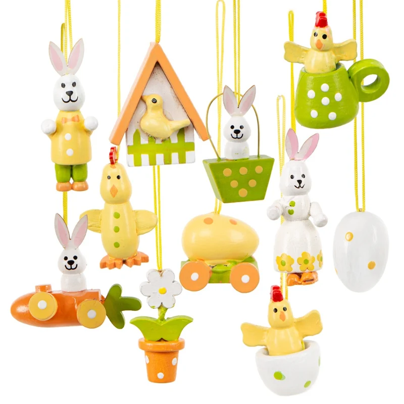 Holz Osterdeko zum Aufhängen Set 11-teilig Bunte Osteranhänger Frühlingsdeko 3,5-5 cm
