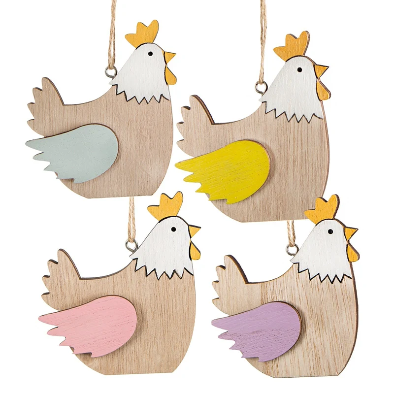 4 Holz Hühner Osterdekoration zum Aufhängen 15 cm Natur bunt Osteranhänger Deko
