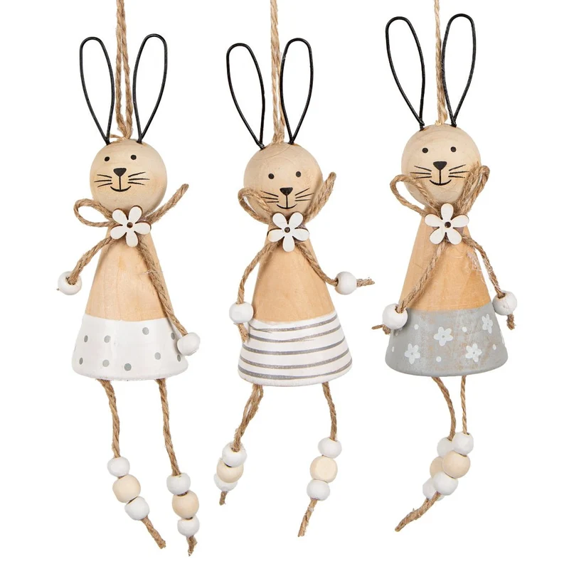 3 Osterhasen zum Hängen Hasen Anhänger Deko aus Holz & Metall Natur grau 16,5 cm