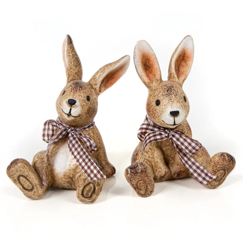 2 Keramik Osterhasen Figuren Ostern Deko Hasen zum Hinstellen braun 10 cm