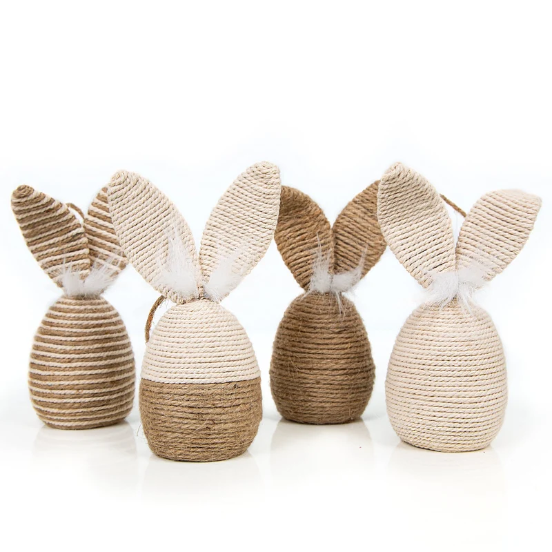 4 Osterhasen Deko Figuren Makramee Jute 17 x 8 cm Ostereier mit Hasenohren Natur braun