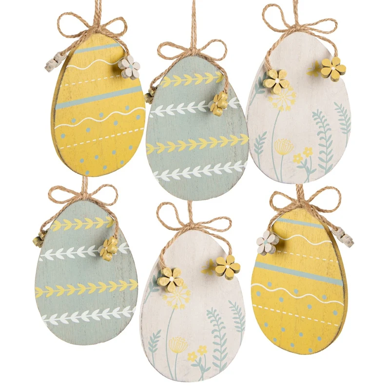 6 große Ostereier Holz Eier zum Aufhängen 11 cm blau weiß gelb Ostern Osteranhänger