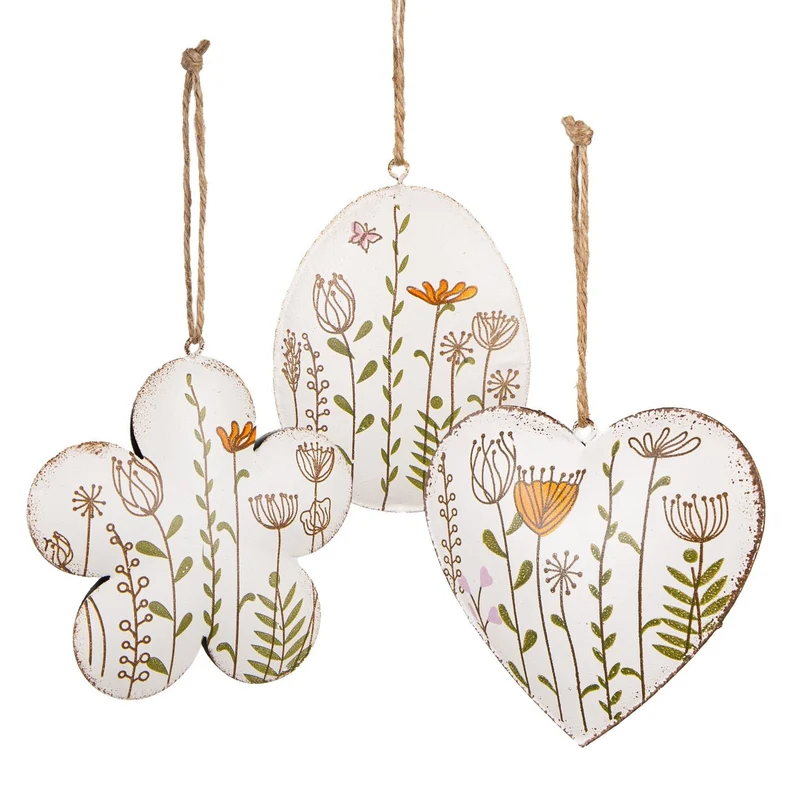 Ostern Frühling Anhänger Herz + Blume + Osterei aus Metall 3-TLG Set weiß bunt 11 cm