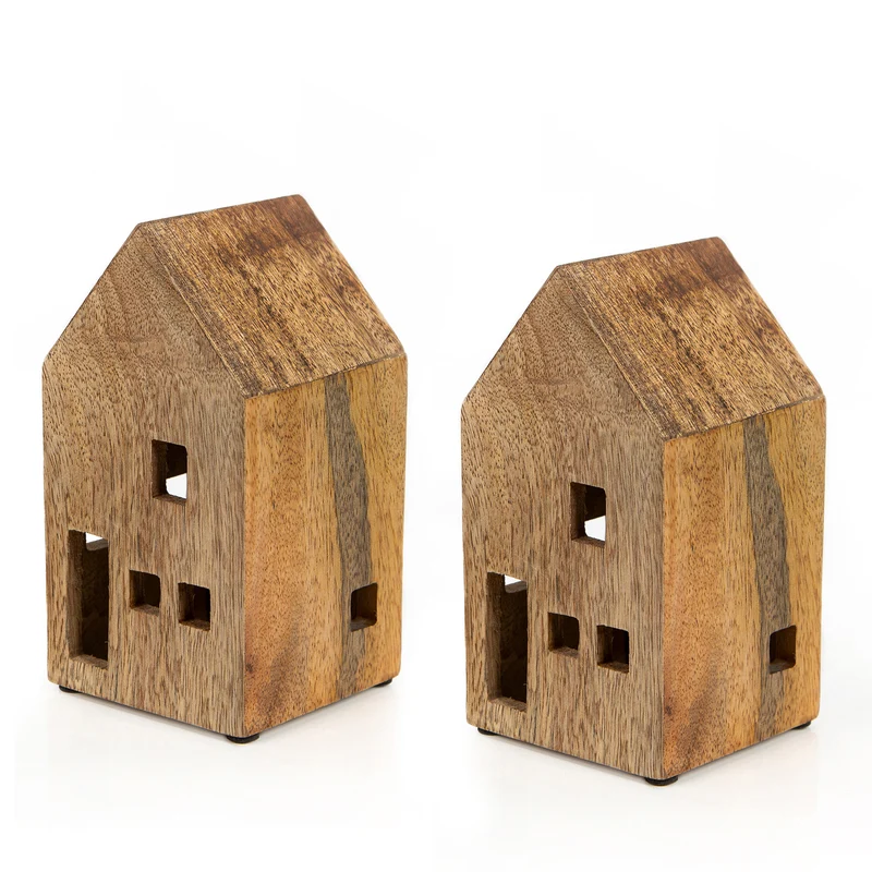 2 Häuser zum Hinstellen Haus Figuren aus Holz braun Strandhaus maritim 12-16 cm