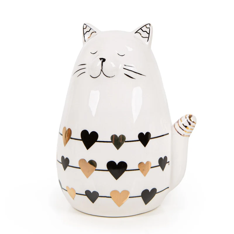 Katze Dekofigur aus Keramik mit Herzen gold weiß 13 cm