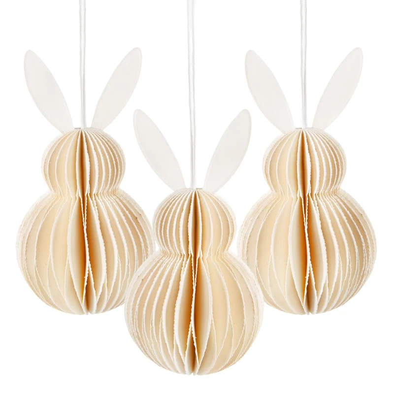 3 Osterhasen Anhänger Honeycomb Osteranhänger aus Papier Deko Creme weiß 10 cm