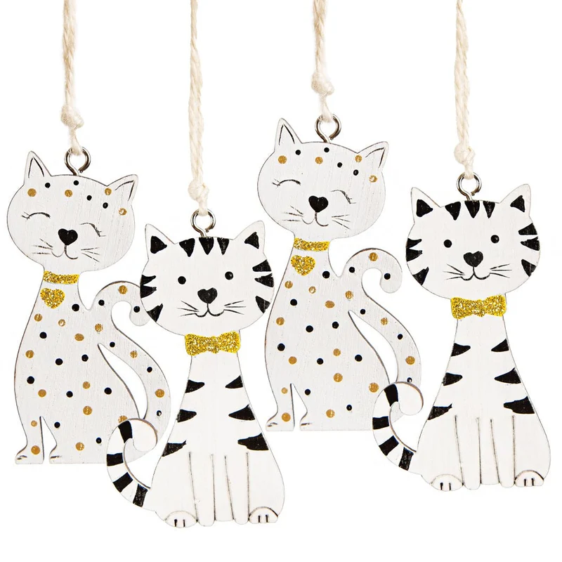 4 Katzen Deko Holzanhänger Gold weiß 7,5 cm Holz Hängedekoration Katzenbesitzer