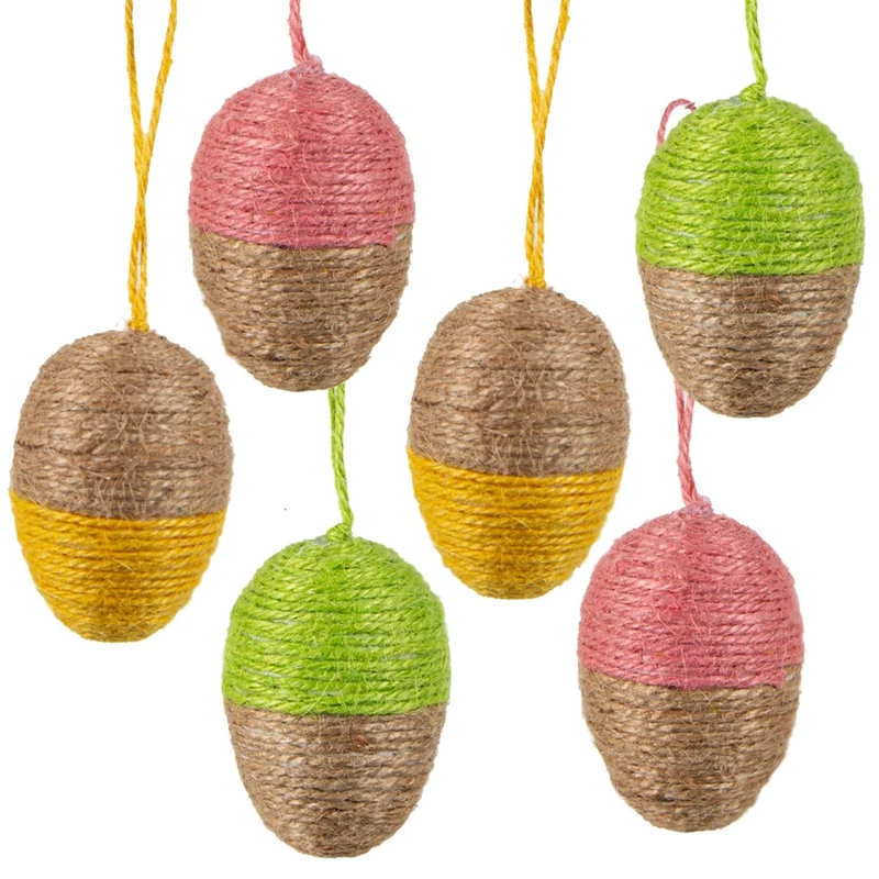 6 Bunte Ostereier mit Jute umwickelt braun rosa gelb grün Osteranhänger 6 cm