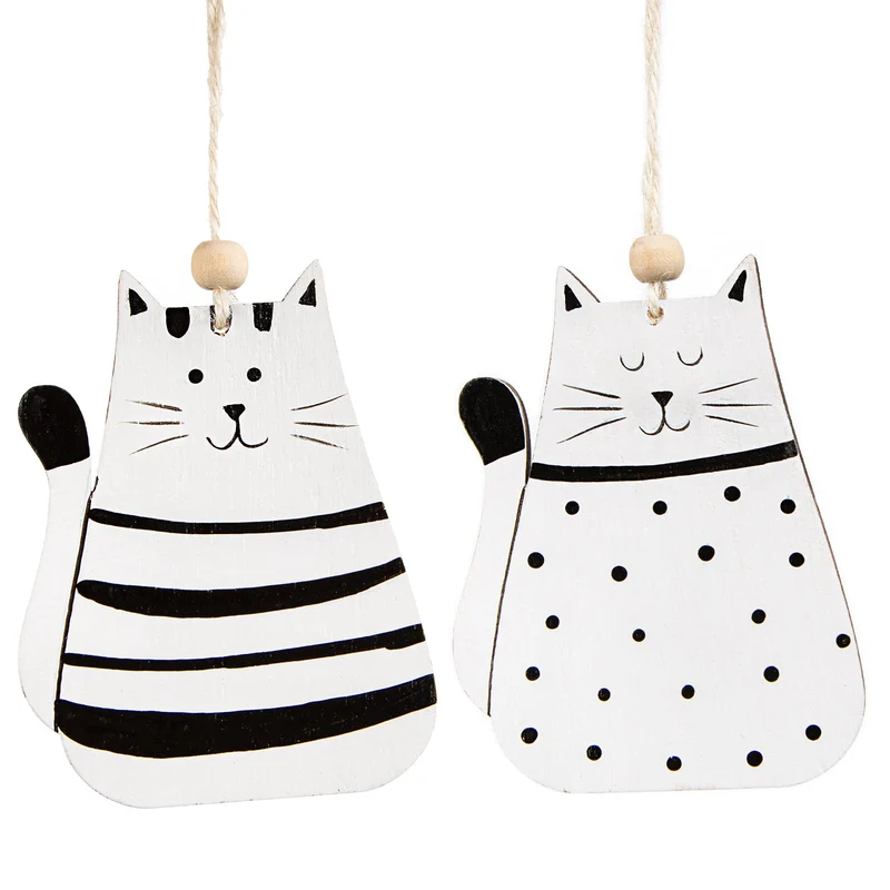 2 mollige Katzen Anhänger Holzkatze schwarz weiß 10 cm Katzenbesitzer Katzenliebhaber
