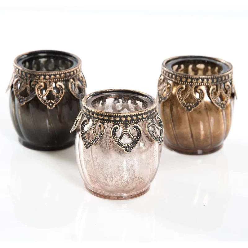 3 Teelichthalter aus Glas & Metall im orientalischen Stil - braun rosa