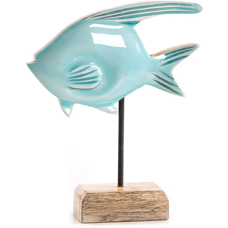 Fischfigur zum Hinstellen türkis braun aus Holz 20 cm