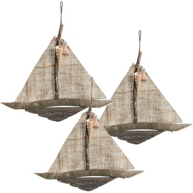 3 Segelboote zum Aufhängen - maritime Vintage Deko braun Natur - 28 cm
