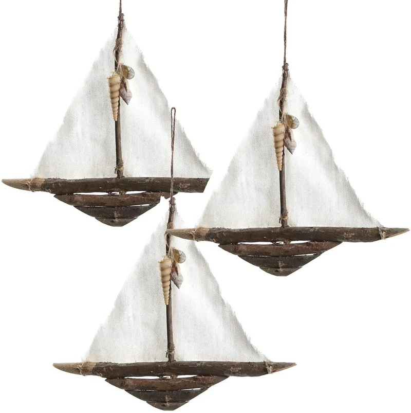 3 Segelschiffe aus Holz & Leinen zum Aufhängen - Vintage Deko im maritimen Stil