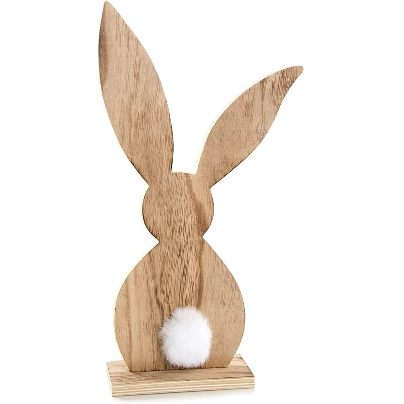 XXL Osterhase aus Holz 45 cm braun mit weißem Puschel