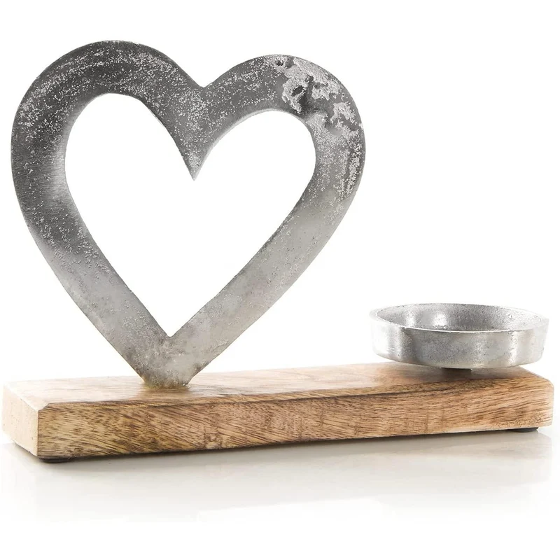 Kerzenhalter mit Herz Figur - modernes Dekoobjekt Silber braun aus Metall & Holz