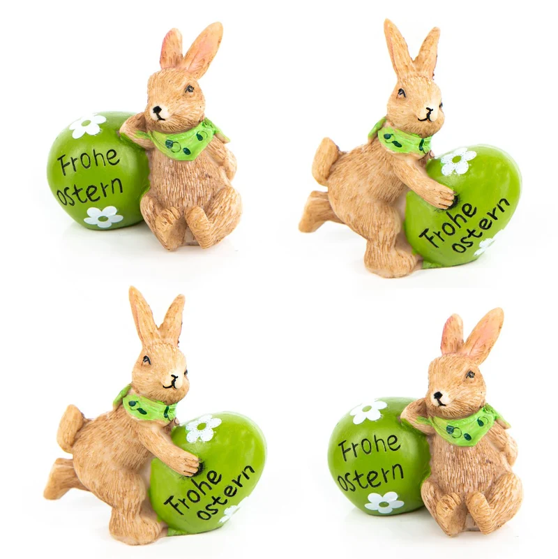 4 kleine Osterhasen Figuren auf Ostereiern mit Text FROHE OSTERN - braun grün