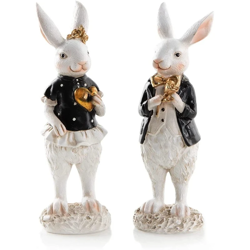 2 Hasen Figuren zum Hinstellen schwarz weiß gold - Osterhasen Paar