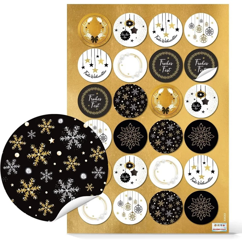 Logbuch-Verlag 24 Weihnachtsaufkleber schwarz weiß gold - Frohe Weihnachten Sticker rund selbstklebend 4 cm