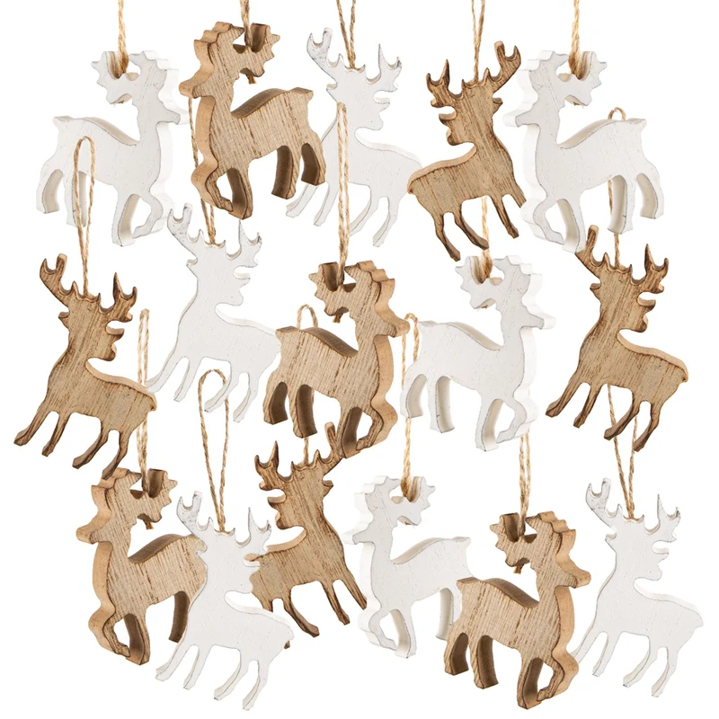 16 Rentiere zum Aufhängen braun weiß aus Holz - als Weihnachtsdeko