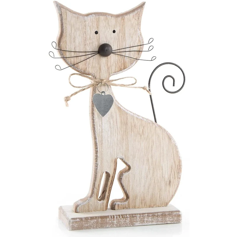 Katzenfigur aus Holz Natur braun zum Hinstellen - 23 cm