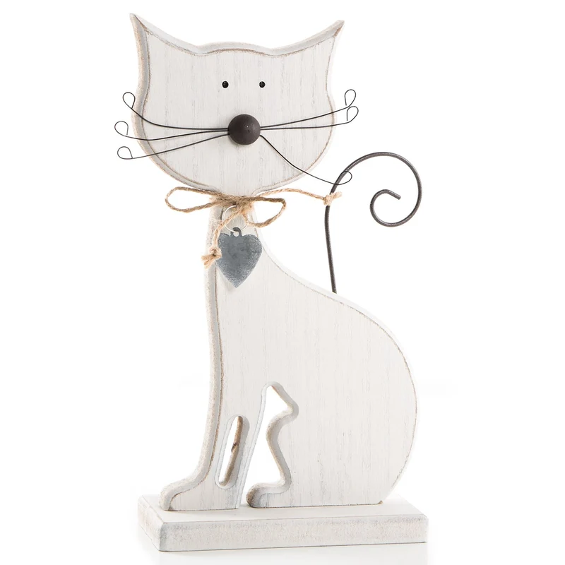 Große Katze aus Holz zum Hinstellen weiß - 23 cm