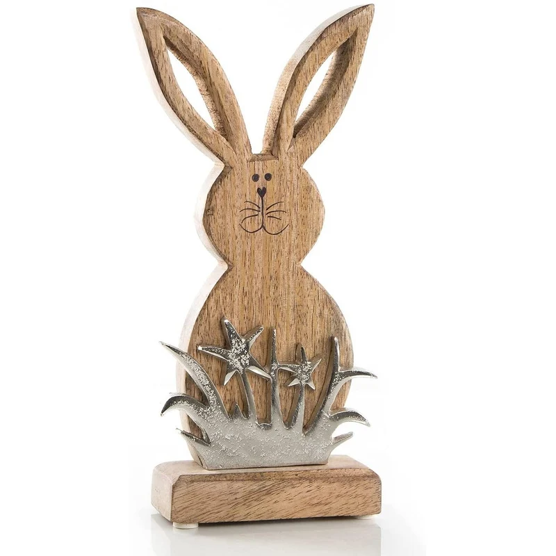Osterhase Dekofigur - braun silberfarben - aus Holz und Metall