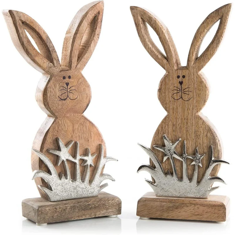 Logbuch-Verlag 2 Osterhasen Dekofiguren braun Silber aus Holz und Metall - Osterdeko Osterfigur zum Hinstellen - kleines Ostergeschenk