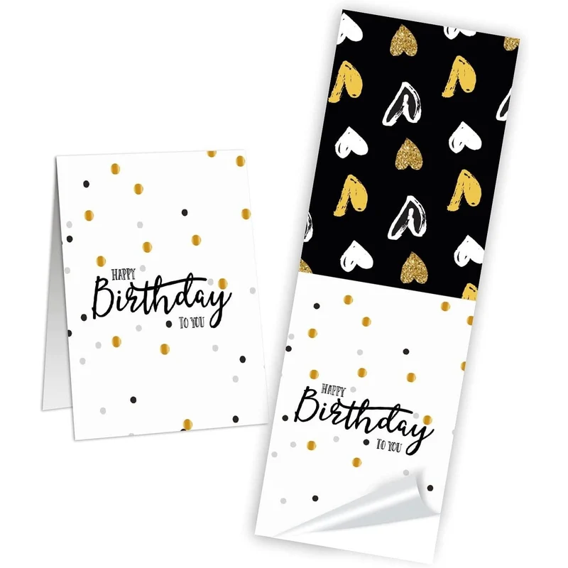 Logbuch-Verlag 10 lange Geschenkaufkleber HAPPY BIRTHDAY schwarz gold weiß mit Herzen - Aufkleber Verzierung Geburtstagsgeschenk 5 x 14,8 cm