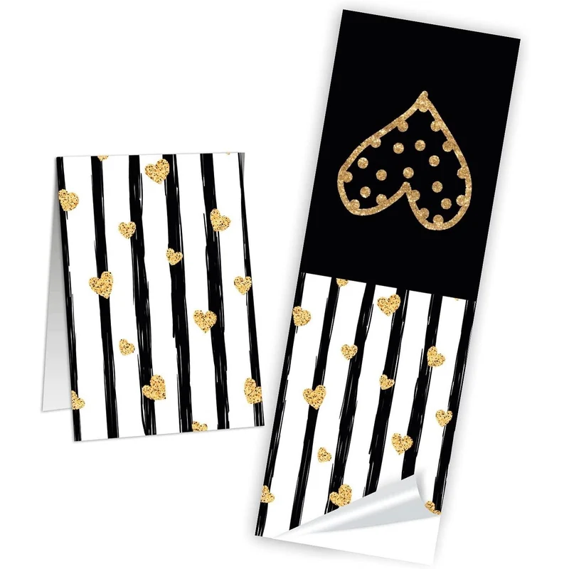 Logbuch-Verlag 10 längliche Geschenkaufkleber schwarz weiß gold mit Herzen - Herzaufkleber für Geschenke Verpackungen Scrapbooking