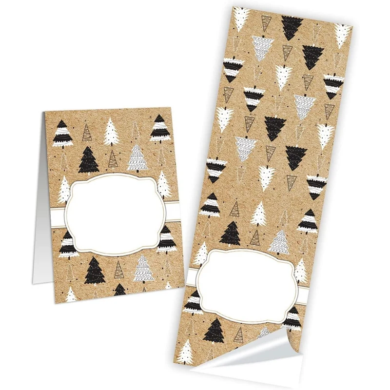 Logbuch-Verlag 10 Weihnachtsaufkleber mit Namensfeld - Geschenk Aufkleber Weihnachten mit Bäumen beige schwarz weiß neutral 5 x 14,8 cm