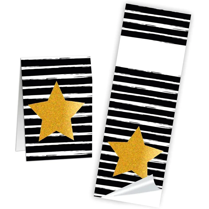 Logbuch-Verlag 10 Aufkleber schwarz weiß gestreift mit Stern in gold - Sticker selbstklebend für Geschenke Geburtstag Weihnachten 5 x 14,8 cm