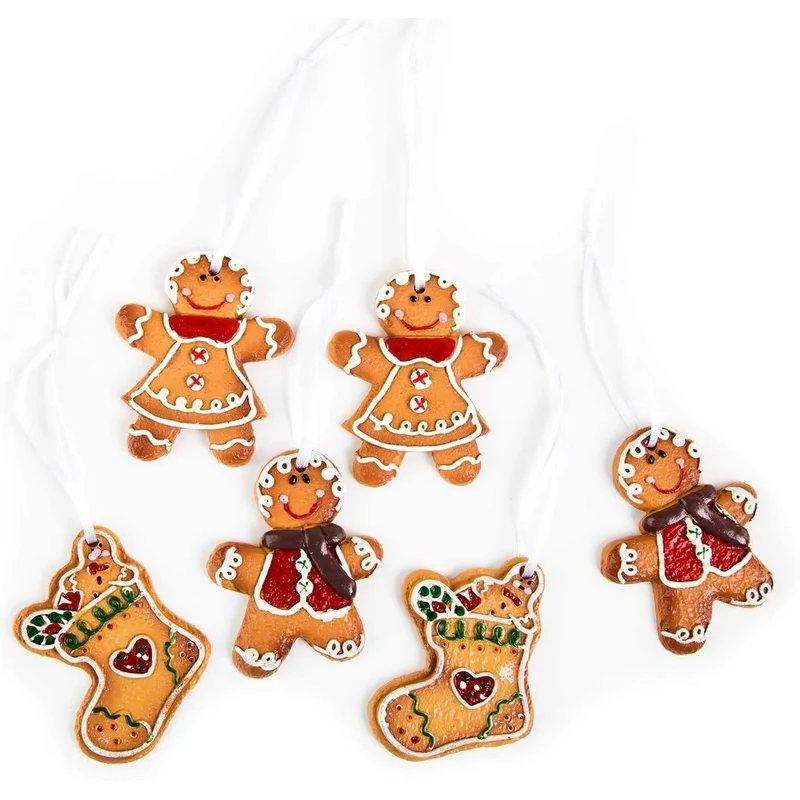 6 Lebkuchen Weihnachtsanhänger - Anhänger Christbaumschmuck braun weiß 7 cm