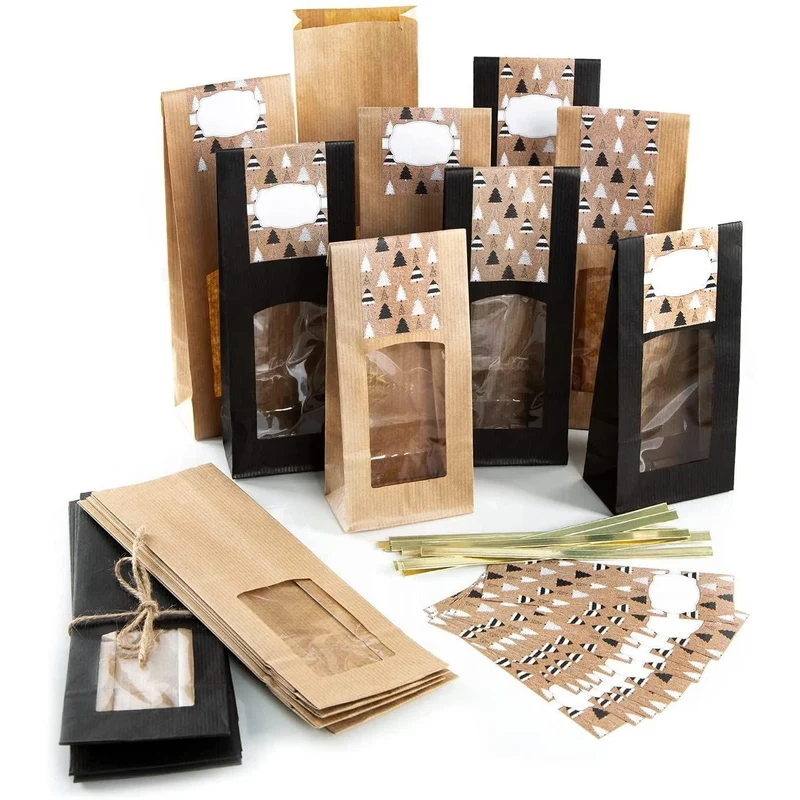 20 Weihnachtstüten mit Fenster + Weihnachtsaufkleber zum Beschriften braun schwarz