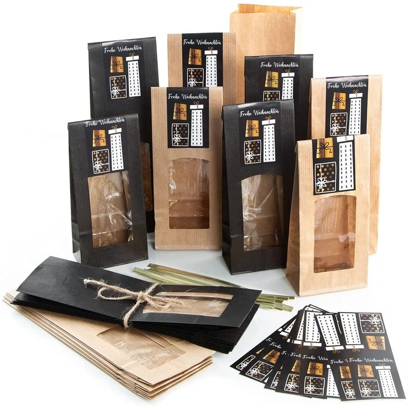 20 Weihnachtstüten schwarz braun + Frohe Weihnachten Aufkleber