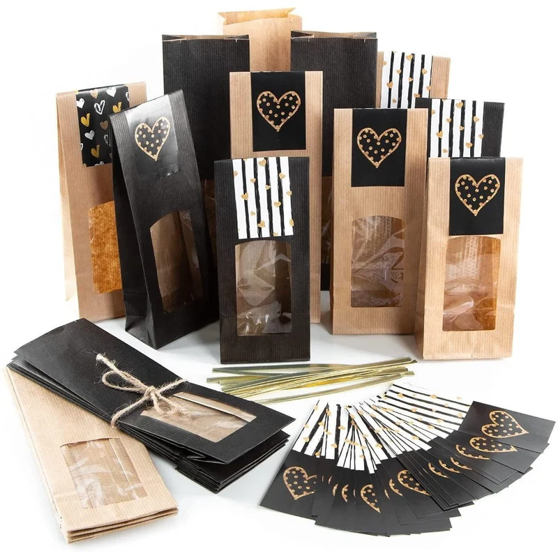 20 Geschenktüten mit Fenster - schwarz + braun + Geschenkaufkleber