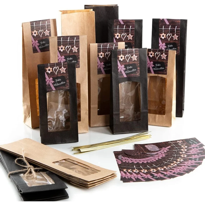 20 Weihnachtstüten zum Befüllen braun + schwarz & Aufkleber FROHE WEIHNACHTEN