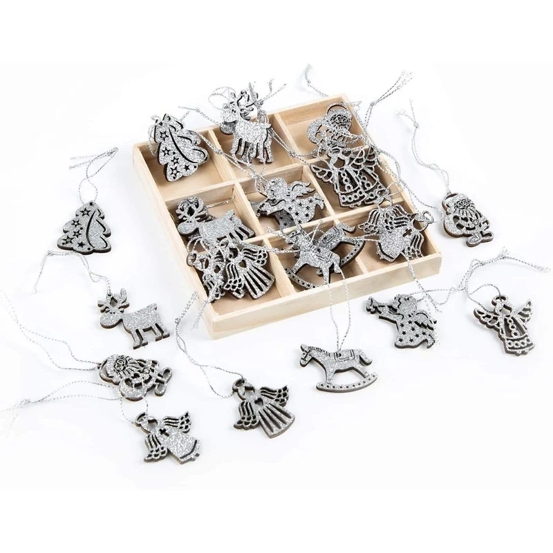 Logbuch-Verlag SET 27 Mini Holzanhänger silber Weihnachtsanhänger Anhänger aus Holz Glitzer Geschenkanhänger flach give-away zum Verschicken