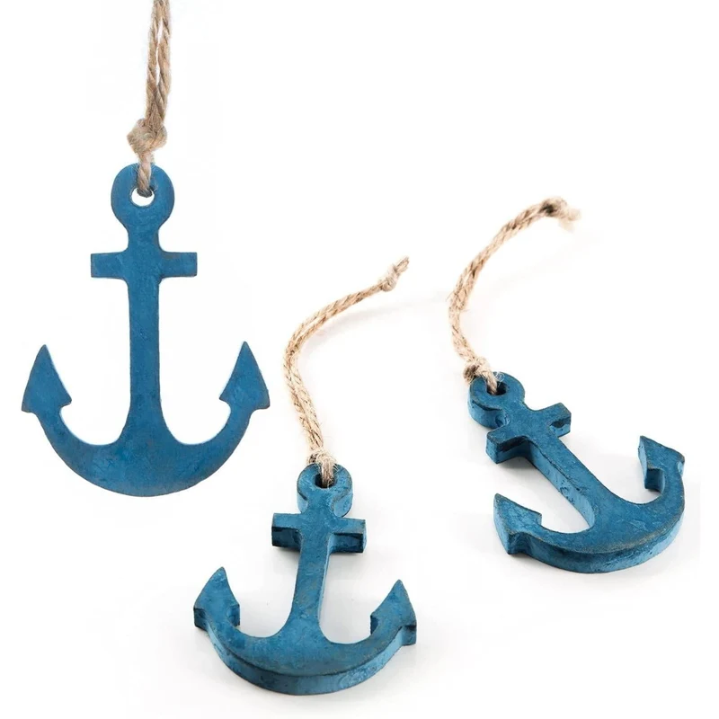 3 kleine Anker Anhänger 8 cm blau - maritime Deko aus Holz