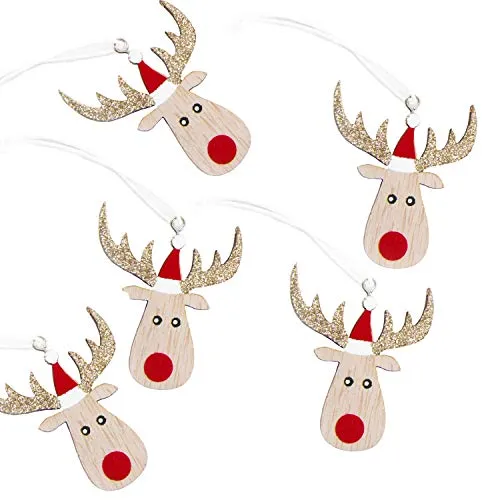 Logbuch-Verlag 5 kleine Rentier Anhänger aus Holz 6 cm braun natur rot - Christbaumanhänger Baumbehang Weihnachtsdeko