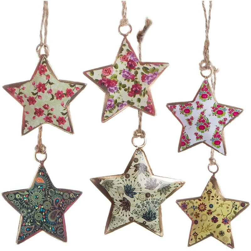 6 bunte Sterne Anhänger - 6 cm aus Metall - Deko zum Aufhängen