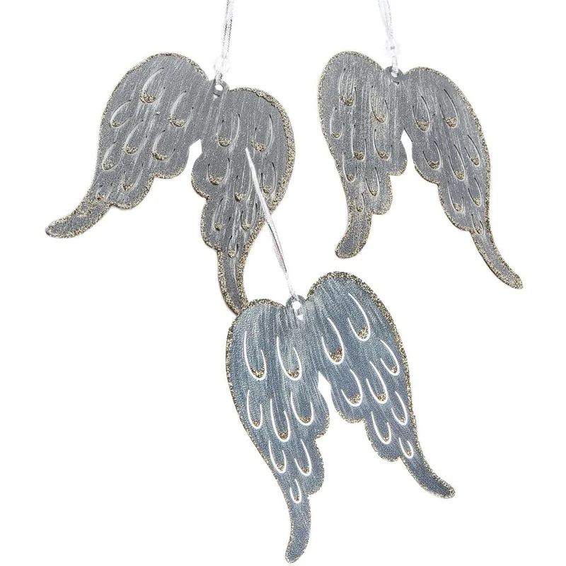 3 Engel Flügel Anhänger aus Metall grau gold - 11 x 16 cm