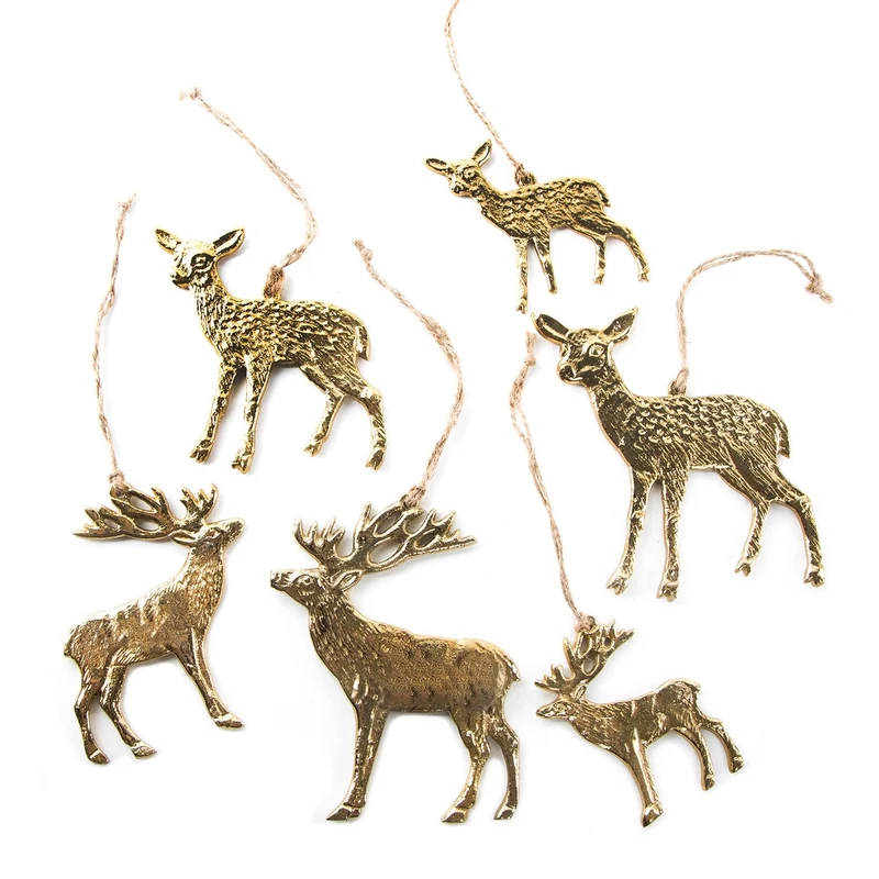 6 Weihnachtsanhänger Reh + Hirsch aus Metall gold glänzend - Anhänger Christbaum