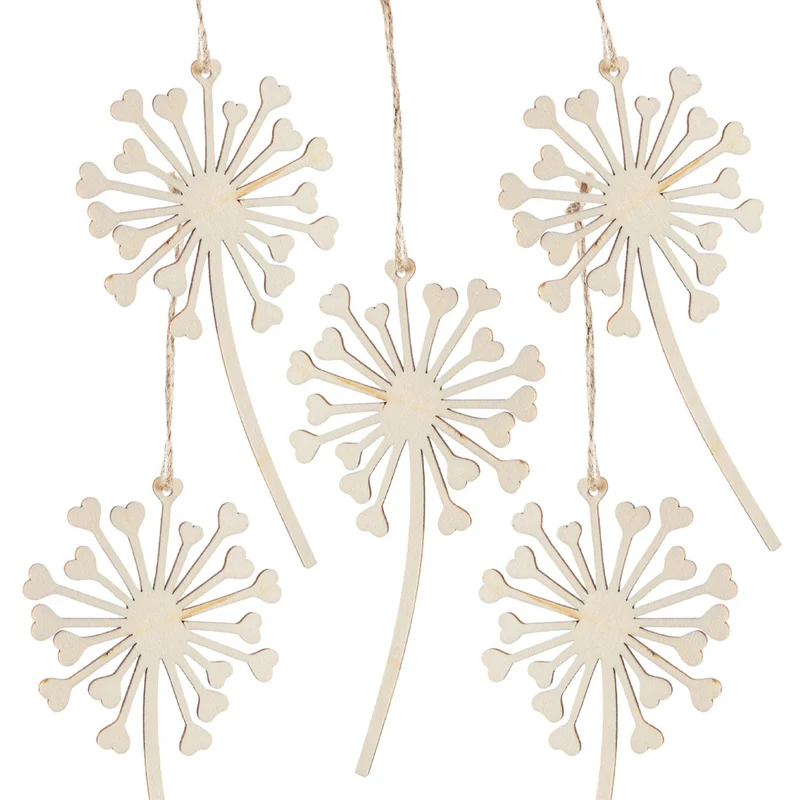 5 Pusteblumen Anhänger aus Holz natur braun mit kleinen Herzen
