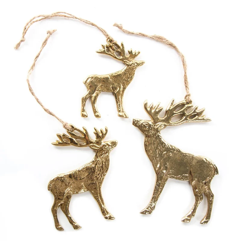 3 goldfarbene Hirschanhänger aus Metall 7,5 cm + 10 cm + 12 cm - Weihnachtsanhänger gold