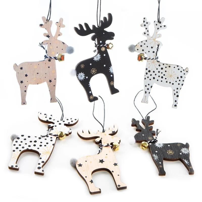 6 Elch Weihnachtsanhänger aus Holz Natur schwarz weiß - mit Glöckchen