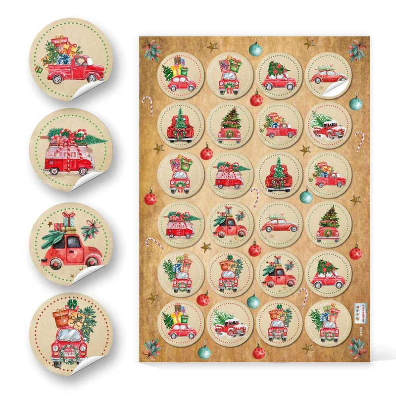 Logbuch-Verlag 24 runde Aufkleber mit weihnachtlichen Autos beige rot grün - Weihnachtstrucks Sticker für Kinder
