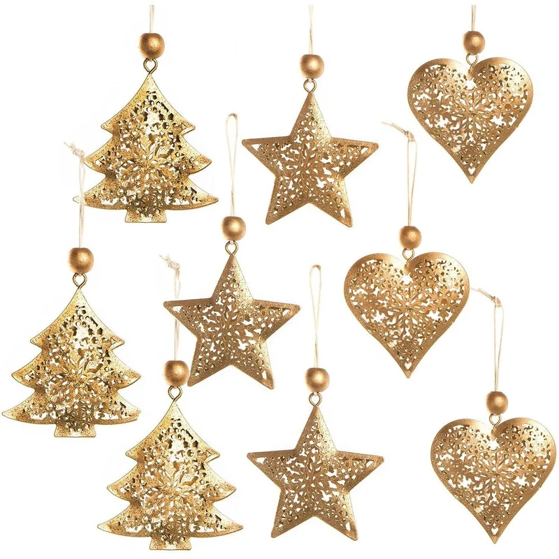 9 weihnachtliche Anhänger aus Metall gold glänzend - 6,5 cm