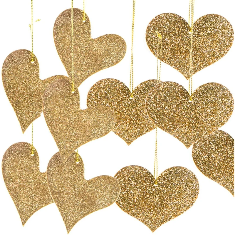 10 goldfarben glitzernde Herzen zum Aufhängen 2 Motive